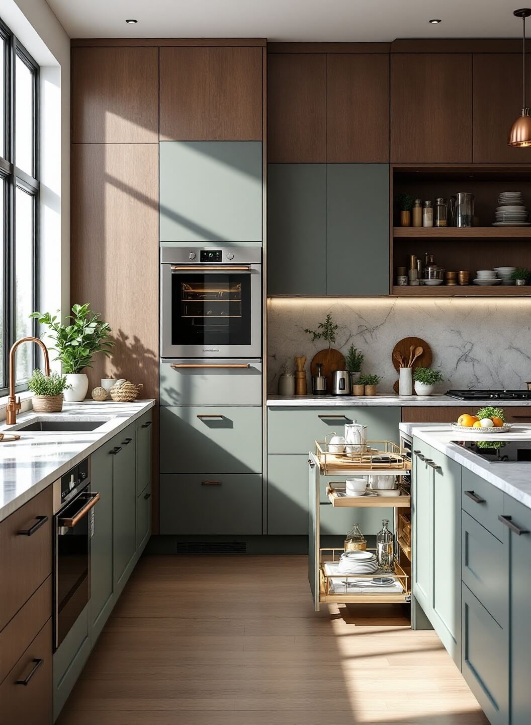 "Luxury modern kitchen with innovative storage solutions, walnut wood textures, marble countertops, and brushed aluminum appliances bathed in natural light"