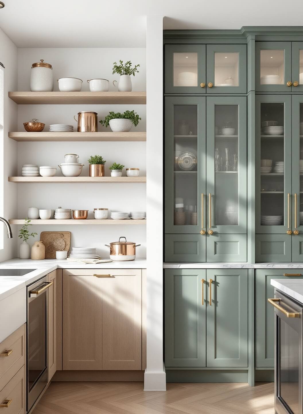 "Stylish split-screen modern kitchen interior with minimalist white oak shelving and elegant sage green cabinets, both featuring Calacatta marble countertops and high-end appliances"