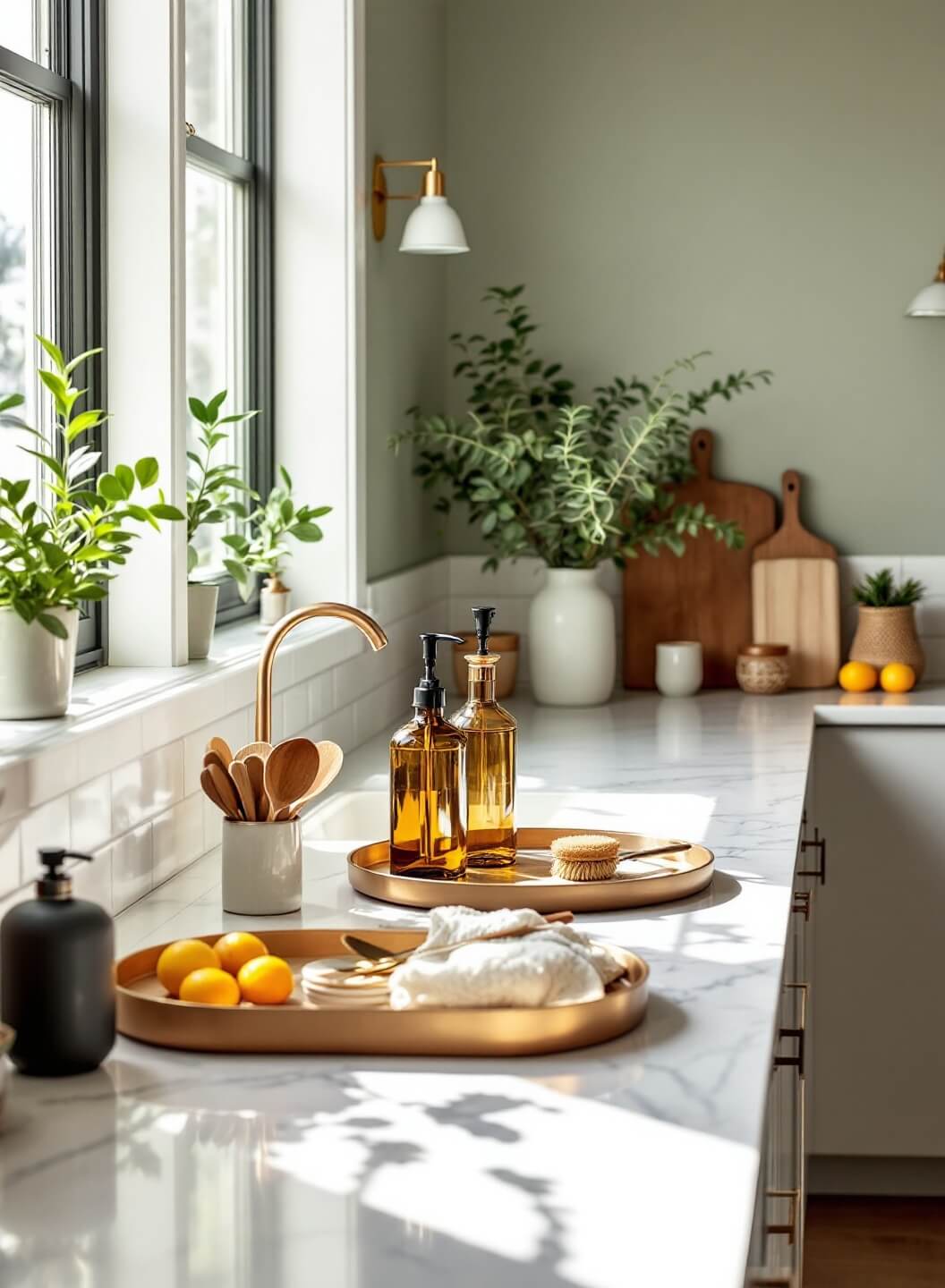 "Modern kitchen interior with morning sunlight illuminating well-organized countertop zones, showcasing cooking essentials, prep area with wooden cutting boards, and styling area with fresh eucalyptus and seasonal citrus."