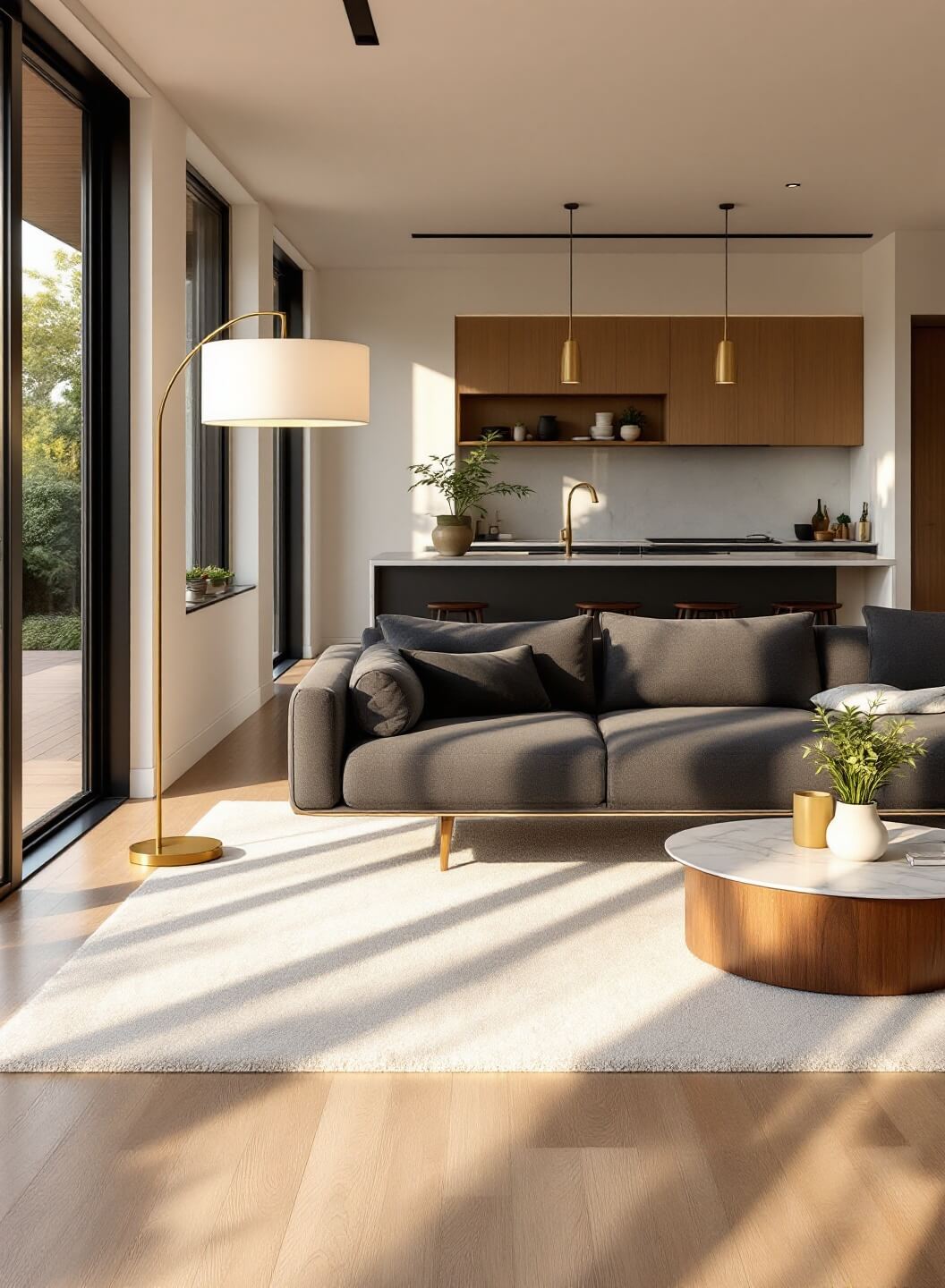 "Modern open-plan living room bathed in golden hour sunlight with sleek kitchen in the background"