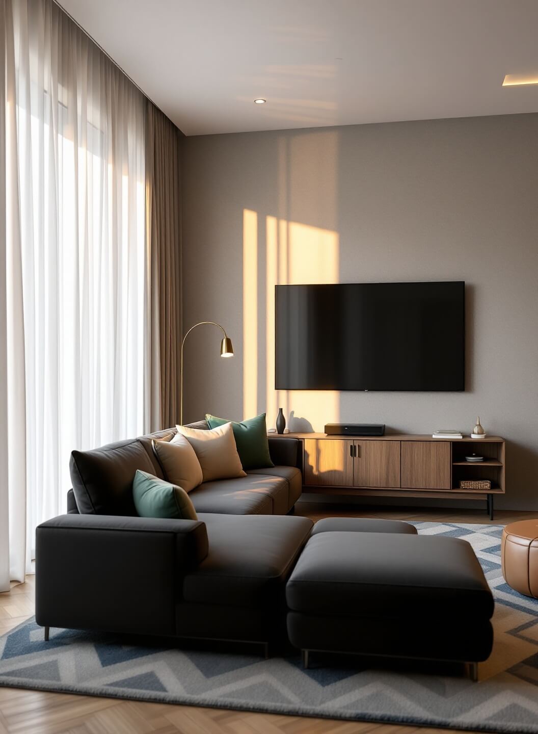 "Modern luxury media room with ambient lighting, wall-mounted TV, plush sectional, and sophisticated decor"