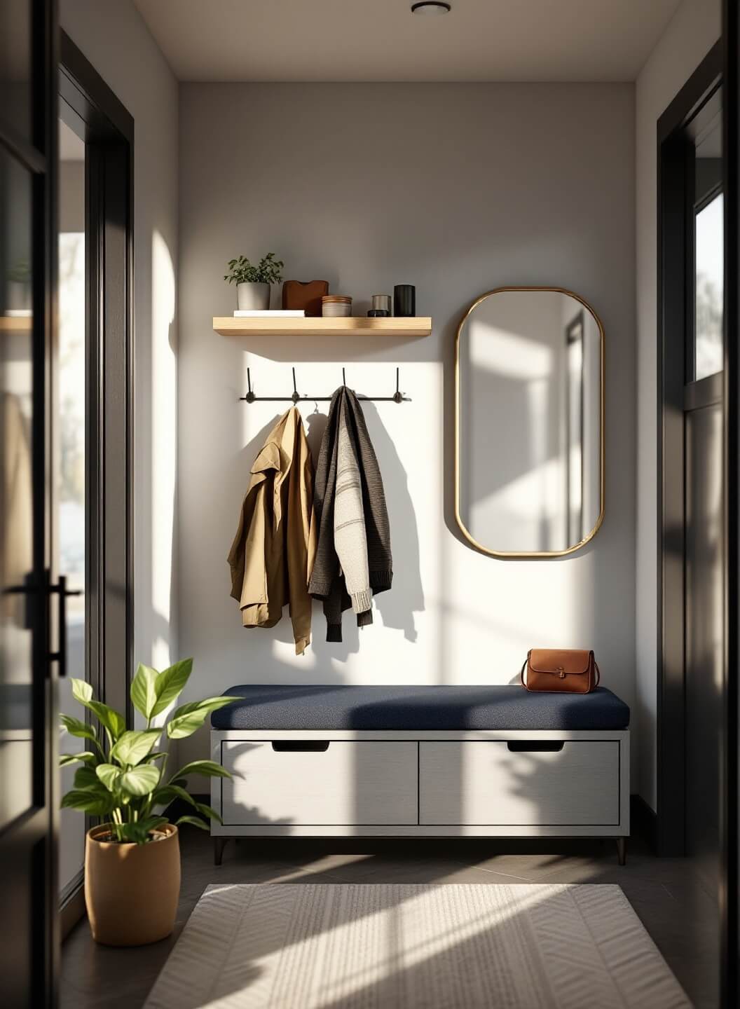 "Modern minimalist entryway with black shoe rack, oak shelves, gray storage bench, and geometric cement floor"