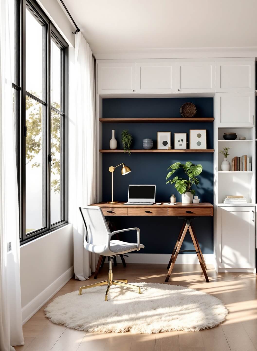 "Sunlit modern home office with walnut standing desk, MacBook Pro setup, navy blue accent wall, and white built-in shelving"