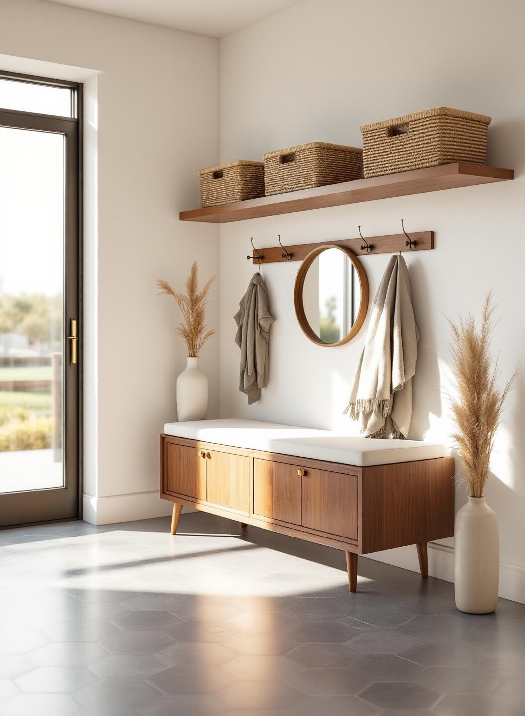 "Modern sunlit entryway with mid-century walnut storage bench, floating white oak shelves with seagrass baskets and modern brass coat hooks, on a backdrop of a clean white wall and slate gray hexagonal floor tiles"