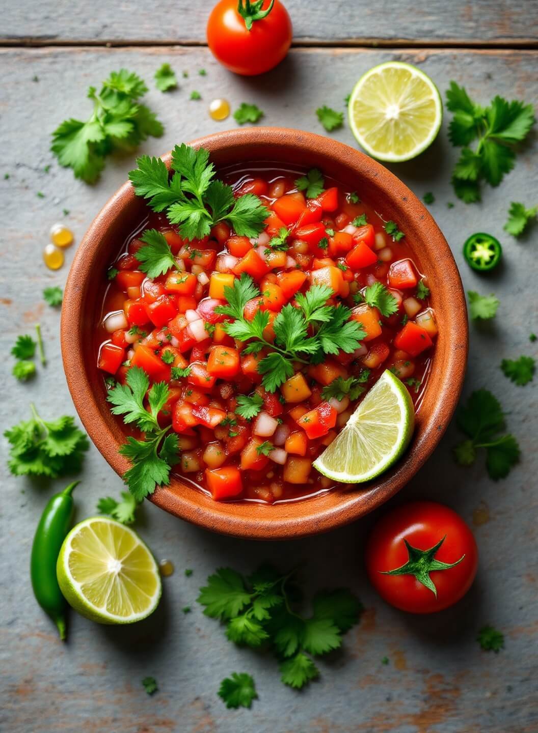 "Overhead shot of fresh restaurant-style salsa in a terracotta bowl, garnished with cilantro and lime, surrounded by whole ingredients on a wooden surface"