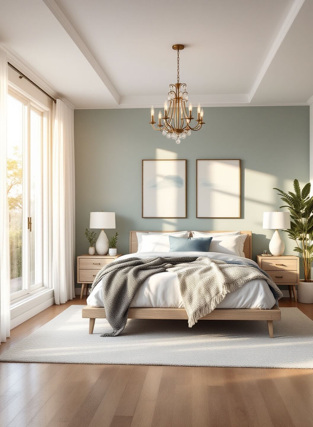 "Spacious master bedroom with 'Ocean Air' blue walls, king-size bed, weathered oak nightstands, and minimal brass decor, illuminated by natural light from floor-to-ceiling windows at golden hour"