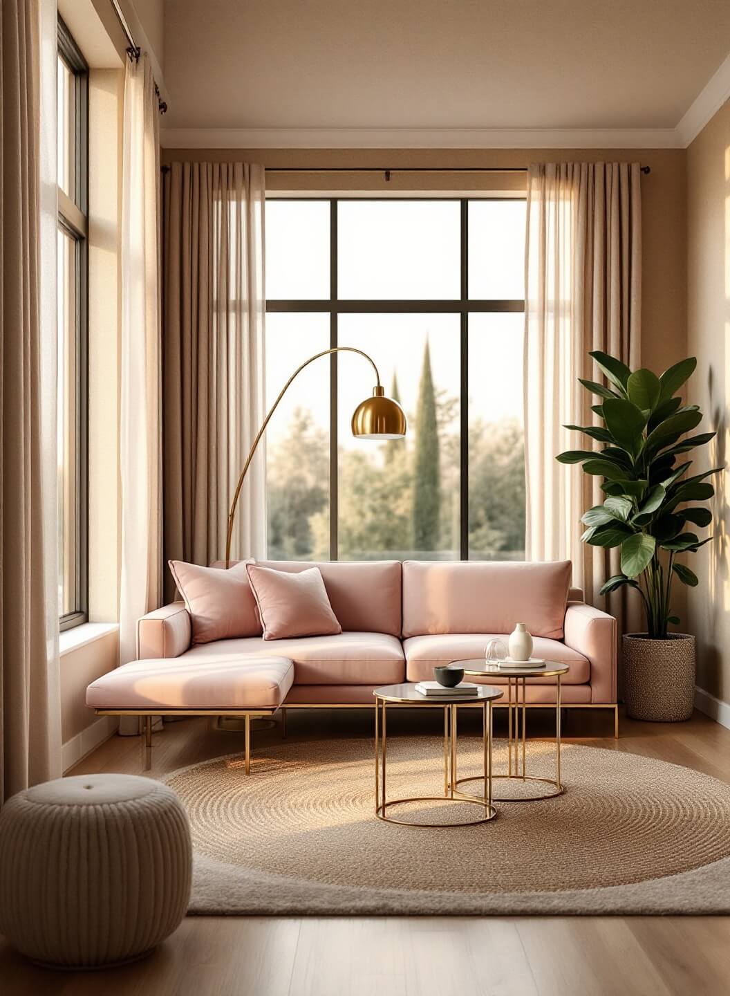 "Bright, small living room with blush velvet loveseat, clear acrylic tables, and dramatic windows during golden hour"