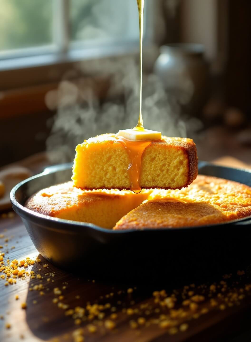 "Golden-brown cornbread in cast iron skillet with honey drizzle and melting butter, lit by natural window light"