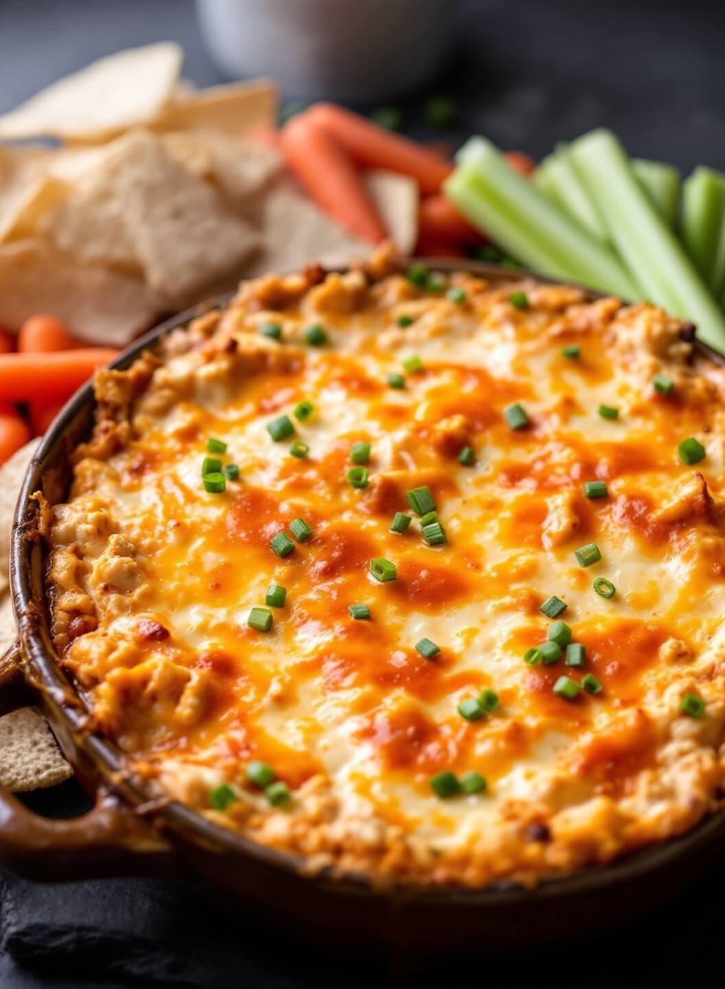 "Hot buffalo chicken dip with melted cheddar and blue cheese, garnished with chives and surrounded by celery sticks, baby carrots, and tortilla chips"