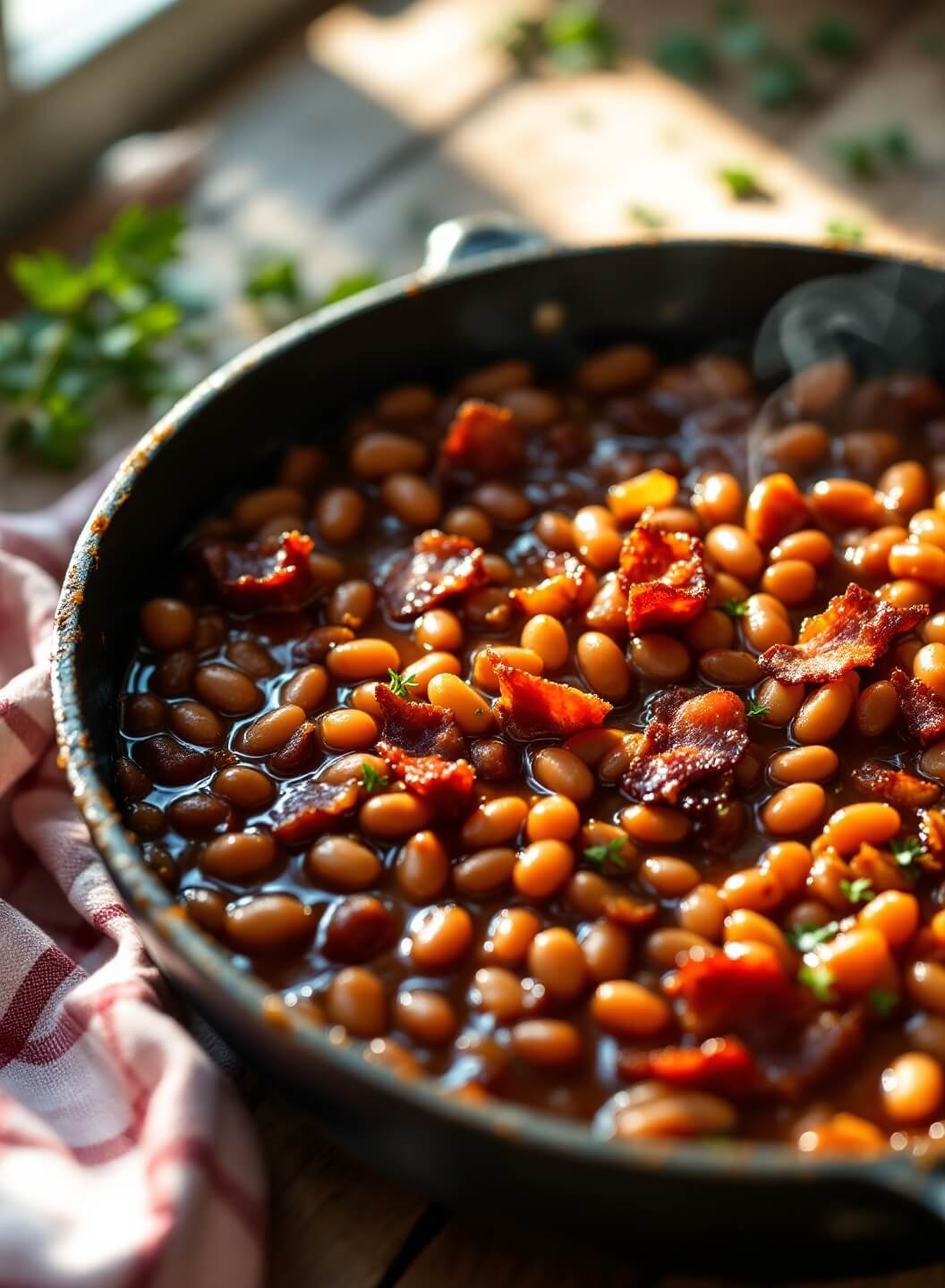 "Close-up image of smoky baked beans with bacon and molasses in a rustic cast-iron skillet on a wooden table"