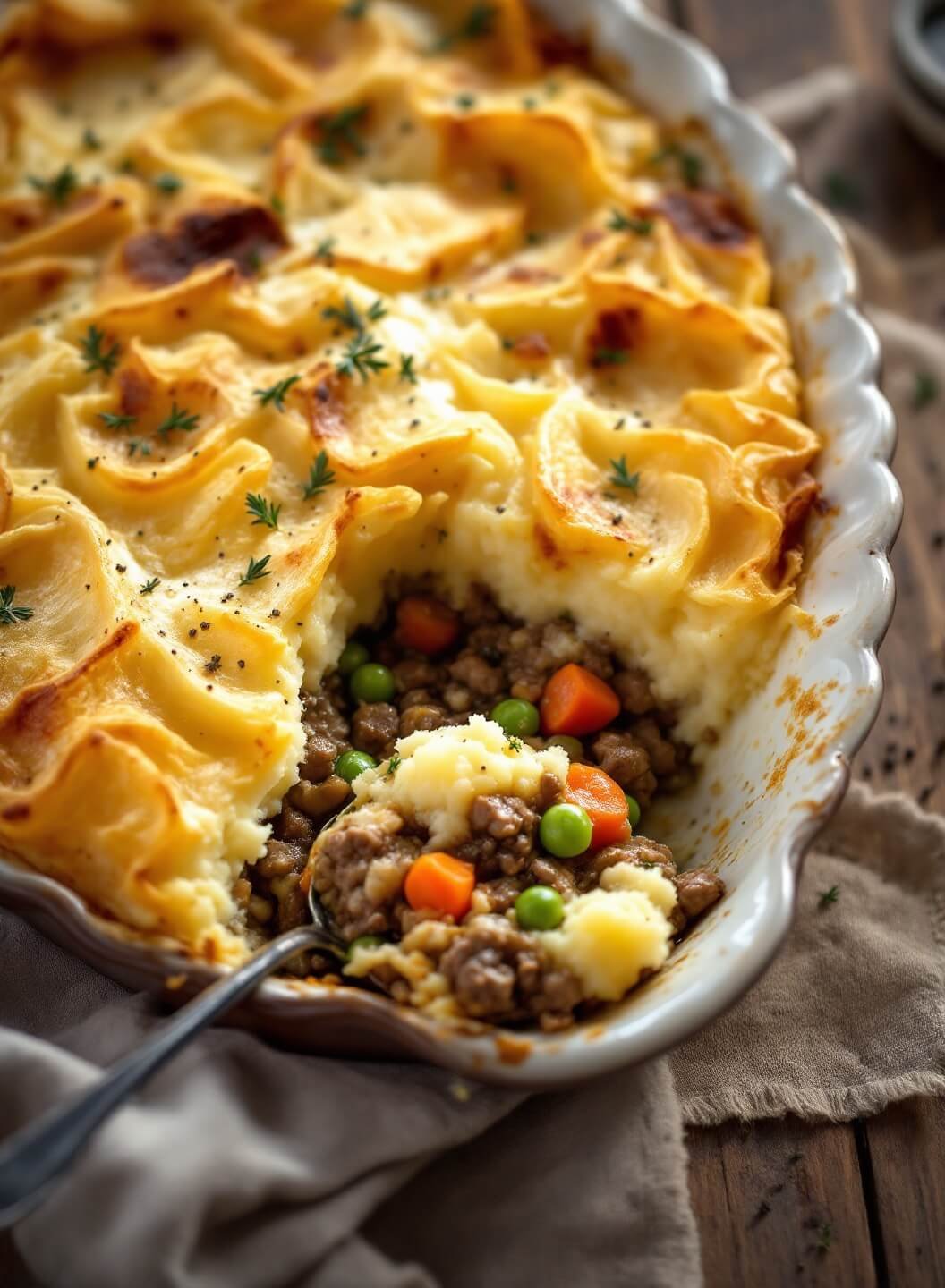 "Traditional Shepherd's Pie with lamb and potato crust in a rustic ceramic baking dish on a wooden table"