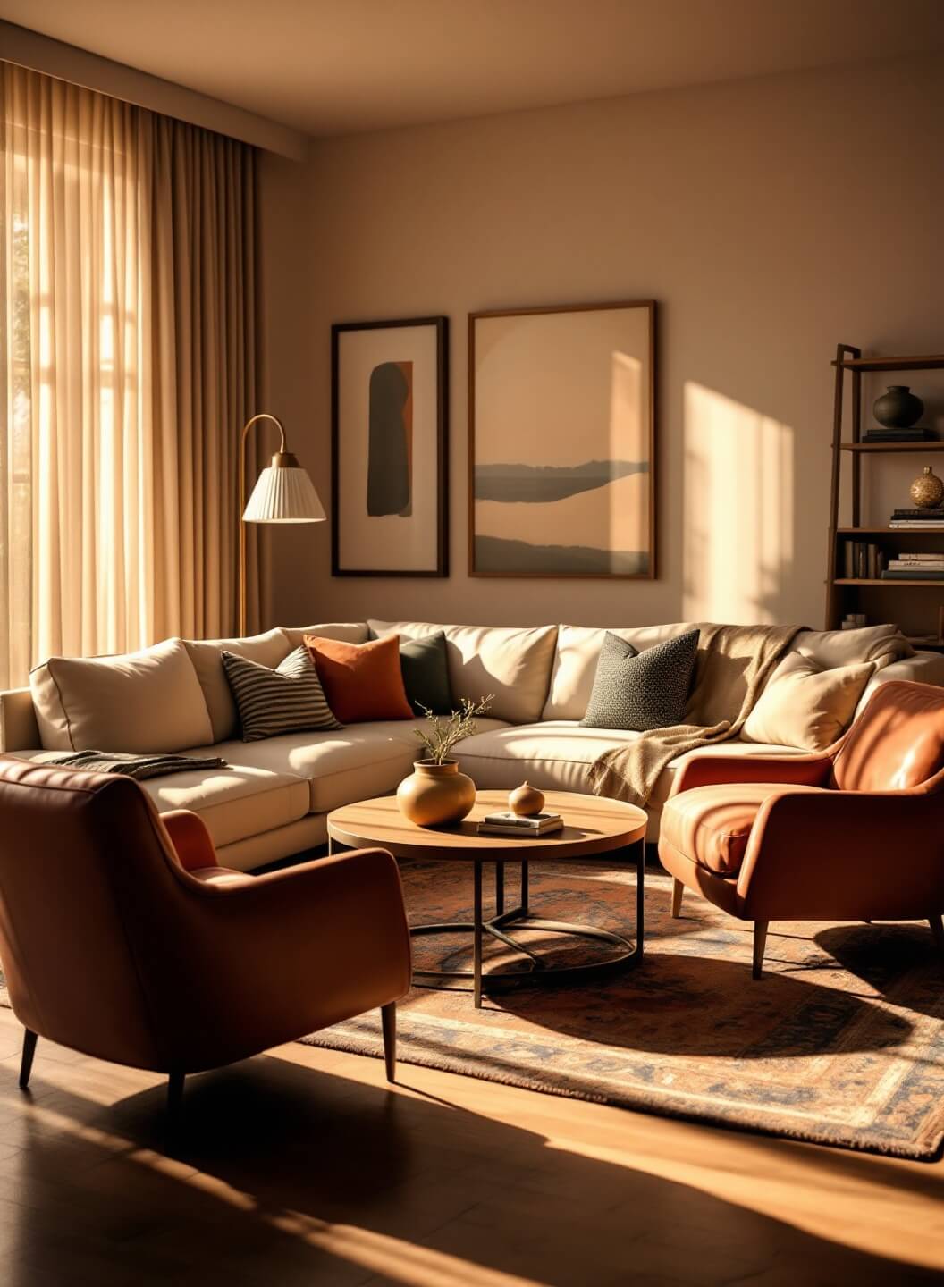 "Warm living room with U-shaped seating arrangement, walnut coffee table, Persian rug, and sunlight streaming through sheer curtains during golden hour"