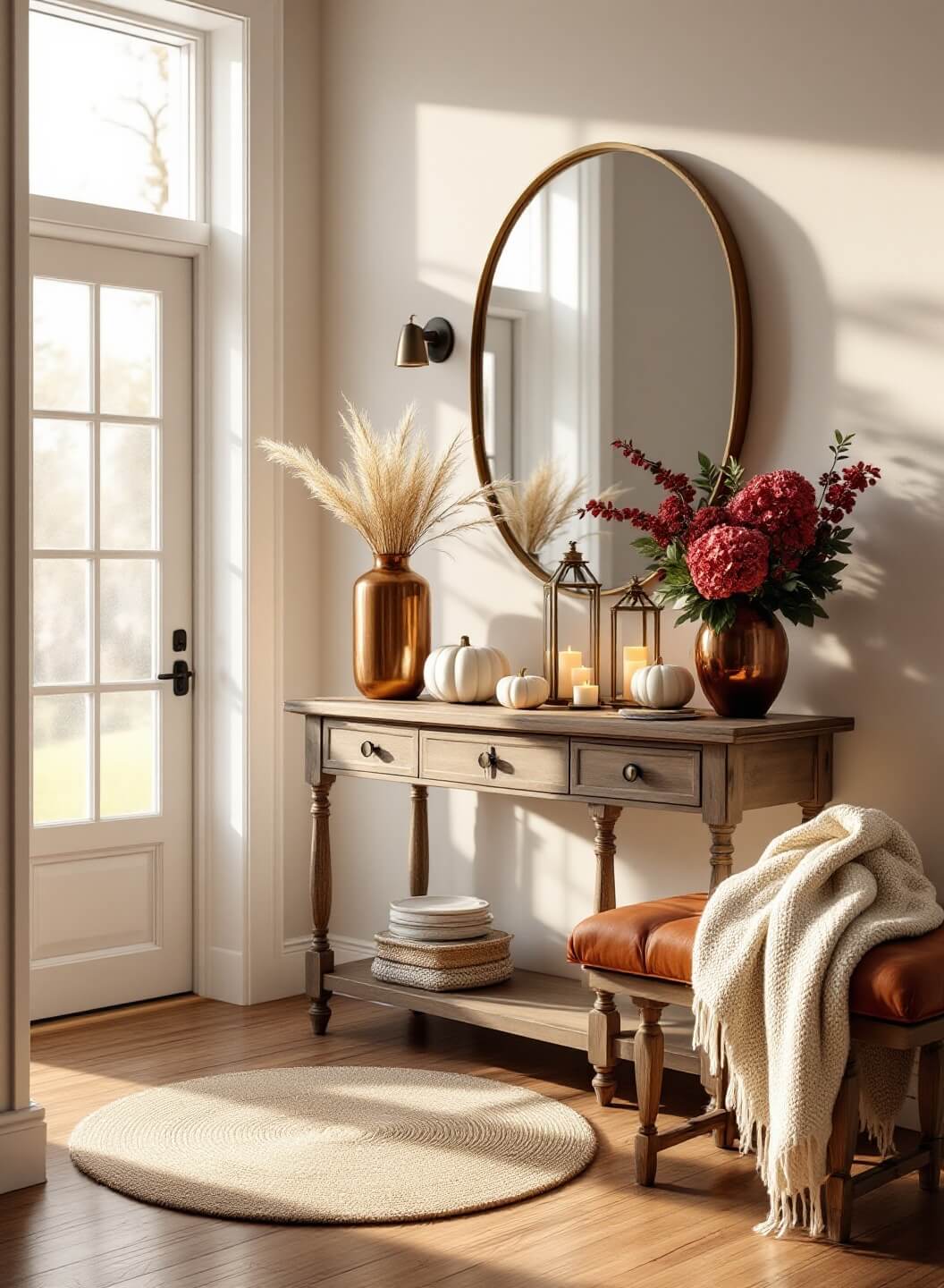 "Scandinavian-inspired entryway with rustic elements, bathed in golden sunlight, decorated with ceramic pumpkins, dried wheat in a copper vase, and antique brass lanterns on a distressed oak table, with a view of a leather bench adorned with a cream knit throw."