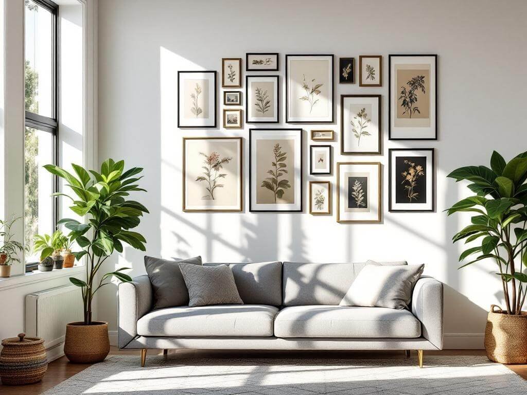 Modern rental living room with tall white walls, Command Strip gallery of black and gold frames, grey sofa, brass accents, fiddle leaf fig, and sunlight from floor-to-ceiling windows.
