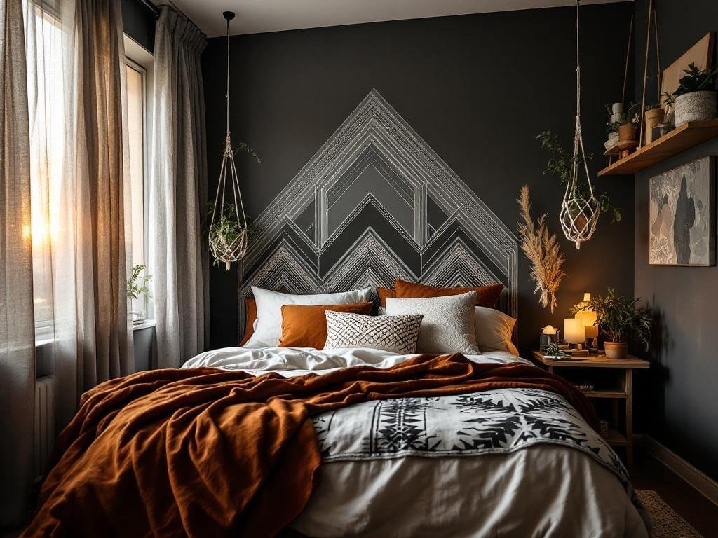 Boho-inspired bedroom with geometric washi tape headboard on dark grey wall, sunset light through sheer curtains, layered rust and cream textiles, and macramé plant hangers framing the bed.