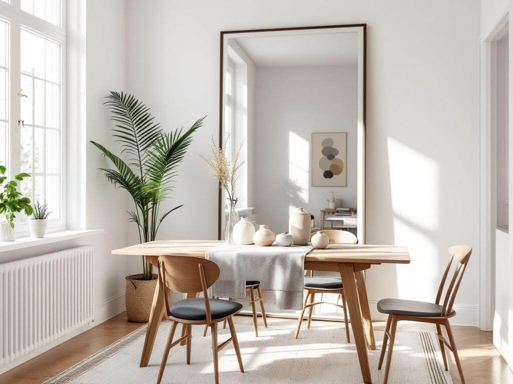 Scandinavian-style dining area with mid-century modern table, linen runner, and earthenware vessels; oversized leaning mirror reflects natural light and room depth, muted abstract decals on white walls, bright airy morning atmosphere.