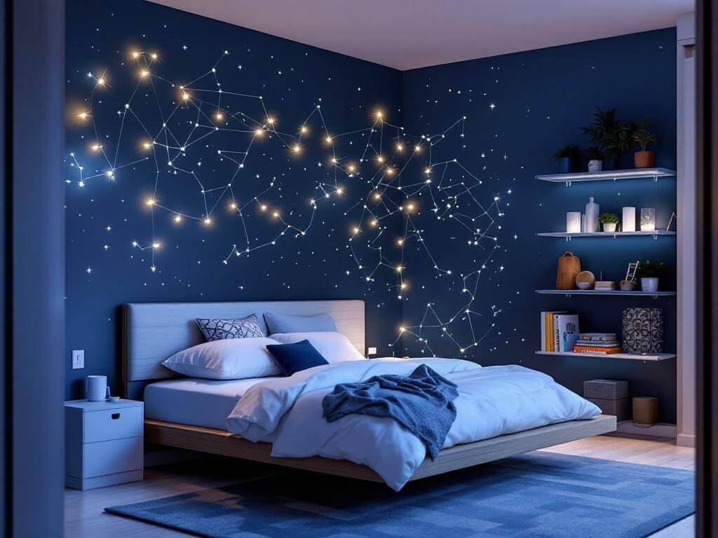 Teen bedroom with midnight blue accent wall featuring constellation map decals, string fairy lights, platform bed with white bedding, and floating acrylic shelves displaying collectibles, viewed from the doorway in the evening.