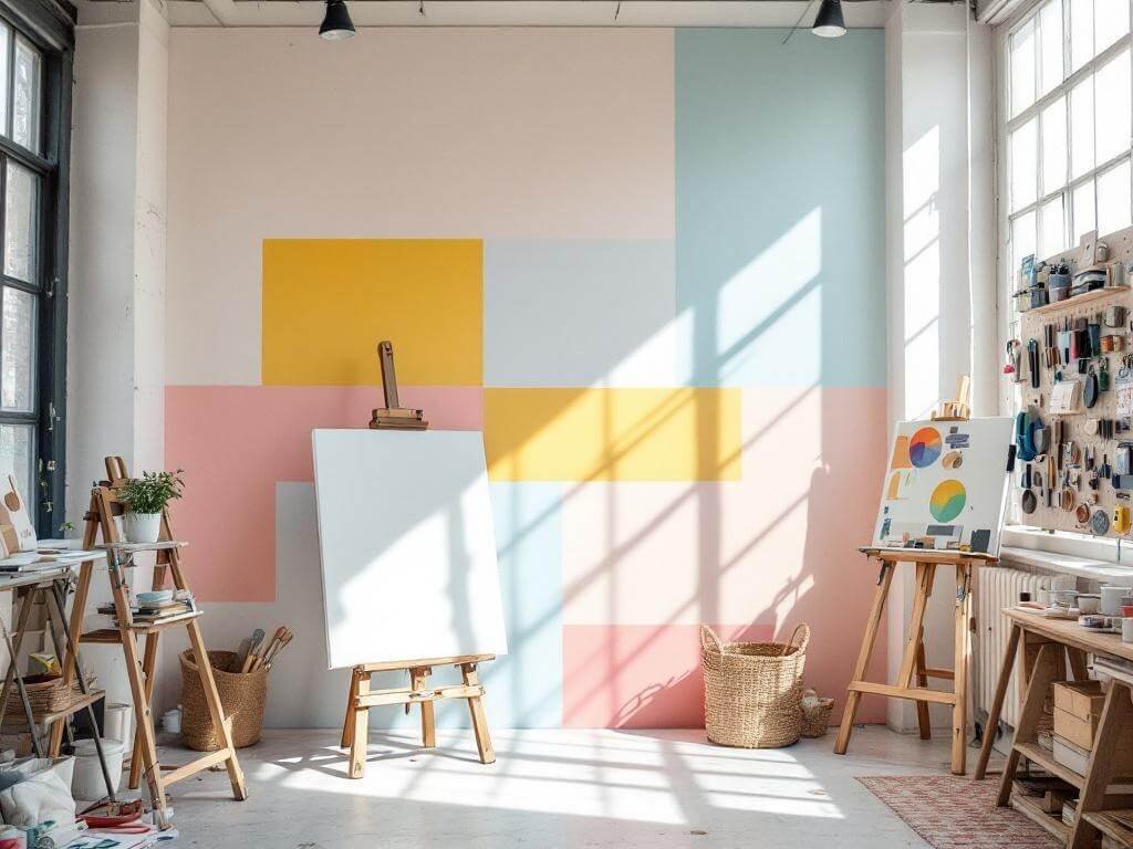 Low-angle view of an artist's studio with pastel washi tape color-blocked walls, large canvas, easel, natural morning light through industrial windows, and organized art supplies on a pegboard.