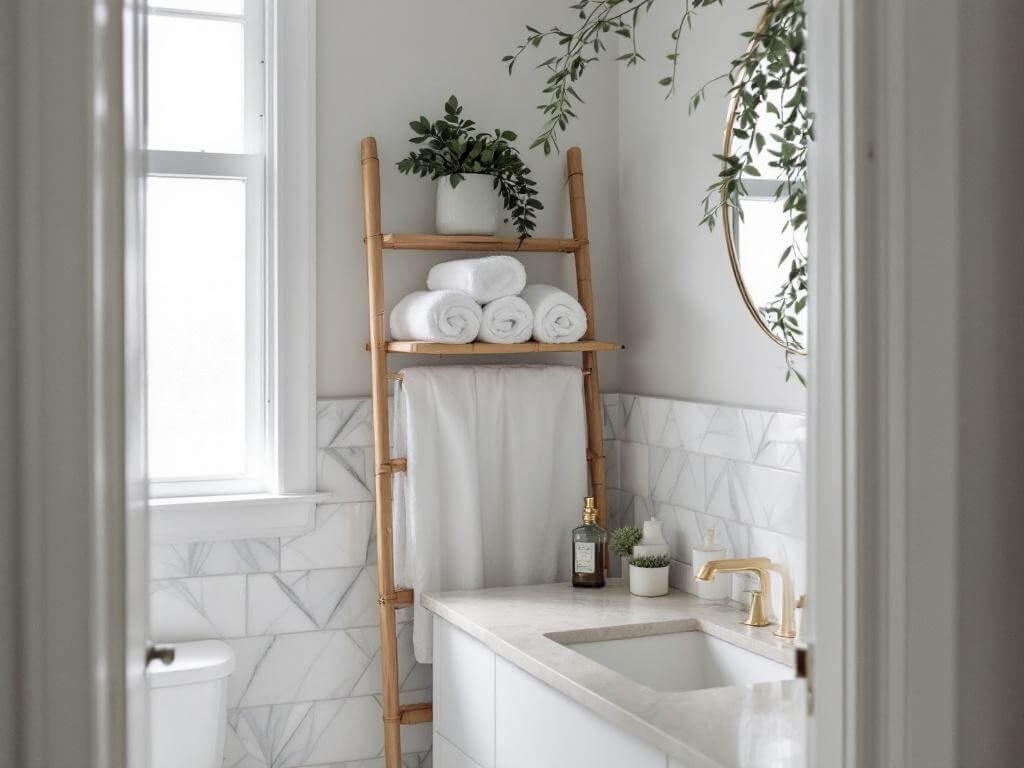 View into a small rental bathroom with marble-effect peel-and-stick tiles around the vanity, a brass-framed mirror above, rolled white towels on a bamboo ladder shelf, and eucalyptus hanging from a shower tension rod; soft diffused light from a frosted window.