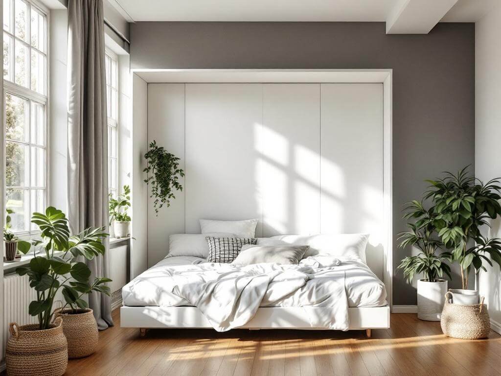 Sunlit studio apartment with a white Murphy bed on a grey accent wall, shown both up and down, surrounded by minimal Scandinavian furniture, oak floors, potted plants, and woven baskets; morning light streams through tall windows, highlighting vertical space and clean lines.