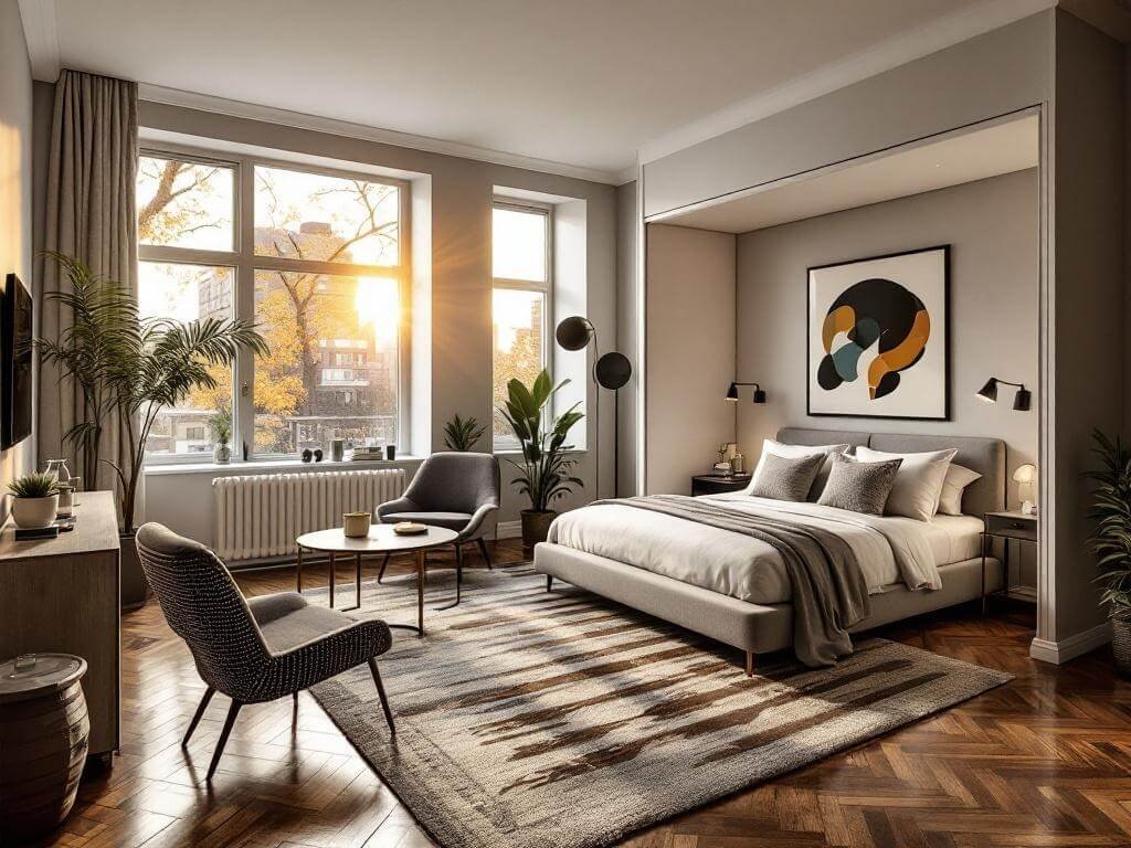 Wide-angle view of a Greenwich Village studio with a grey Murphy bed-sofa, golden hour light on herringbone floors, showcasing both living room and bedroom setups, with accent chairs, coffee table, and artwork in place.