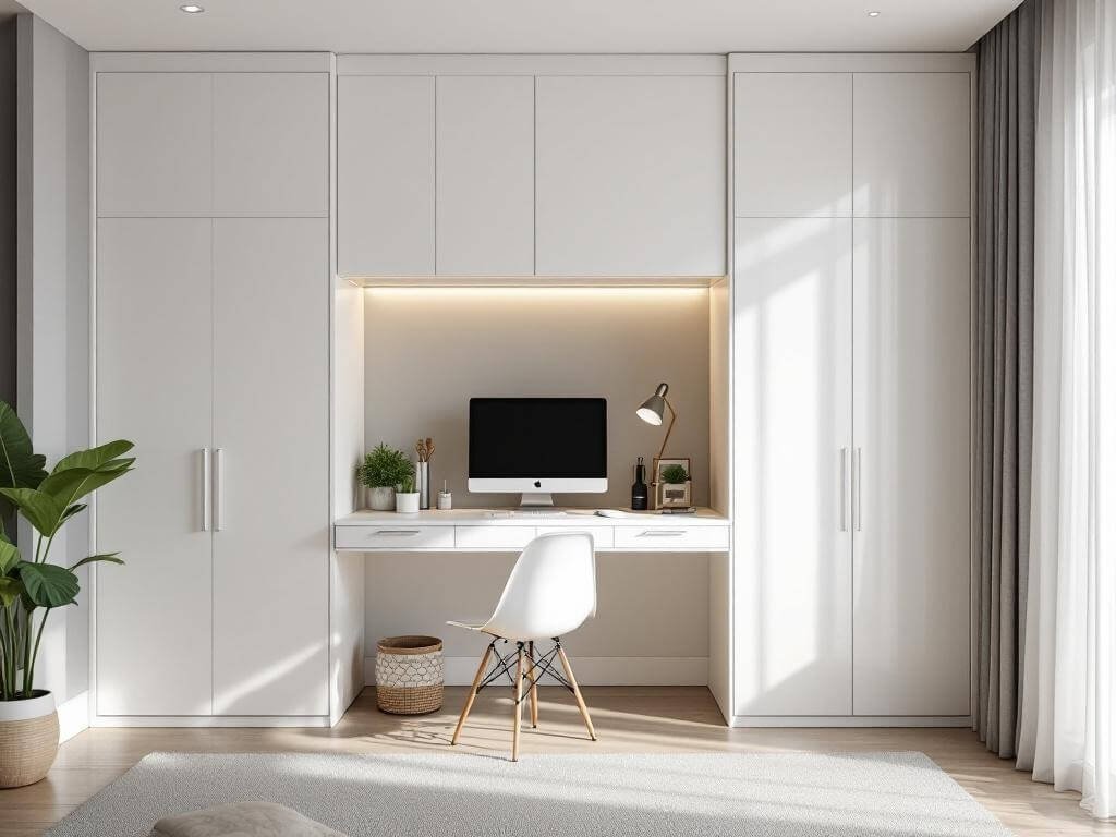 Modern home office with white Murphy bed-desk combo, ergonomic workspace, Eames-style chair, built-in LED lighting, and minimalist decor in soft morning light.