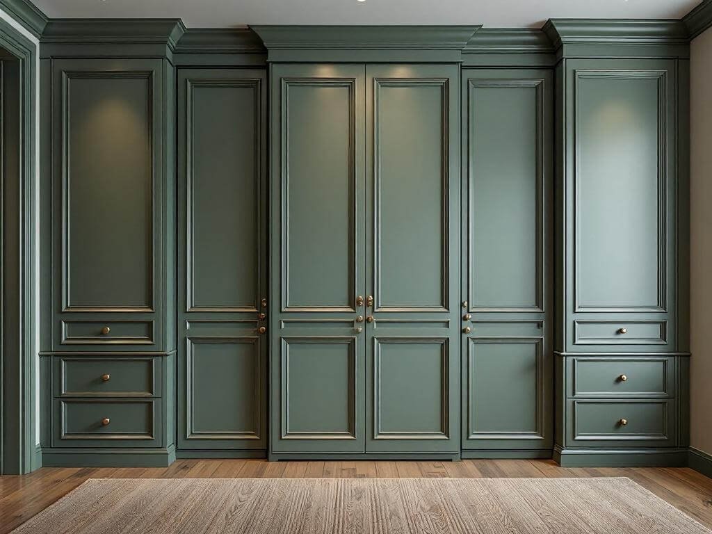 Low-angle shot of a sage green Murphy bed niche with floor-to-ceiling paneled doors, brushed nickel hardware, and matching built-in cabinetry, highlighted by moody directional lighting.