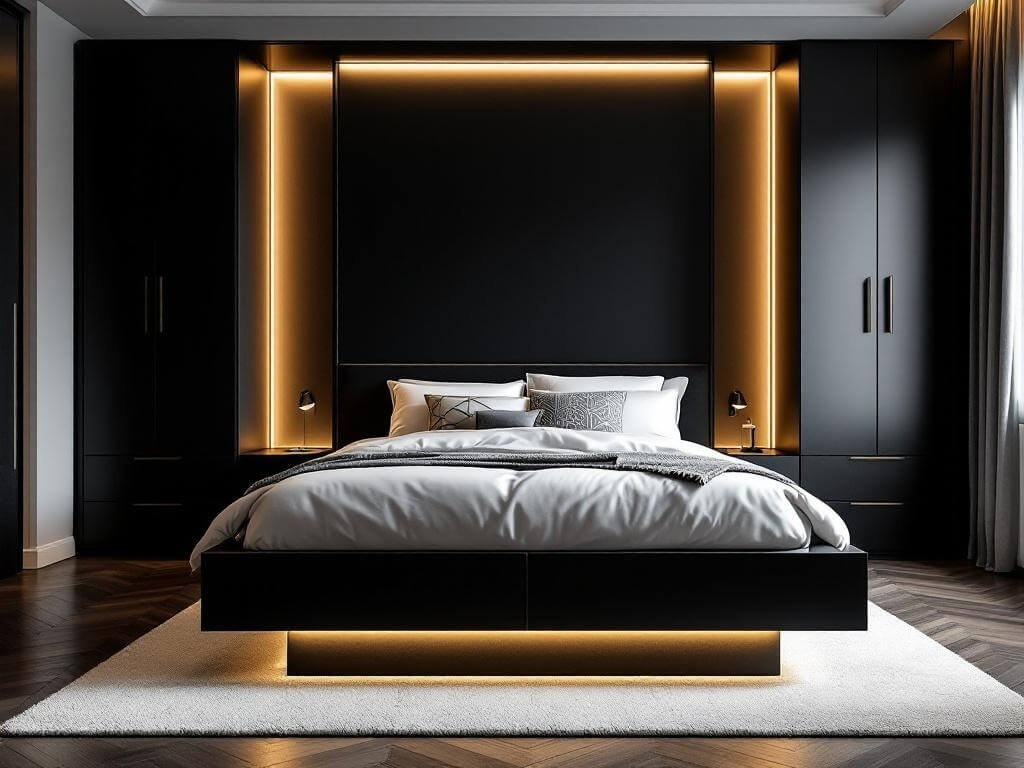 Contemporary bedroom with matte black horizontal Murphy bed flanked by storage, warm LED cove lighting, textural white bedding, geometric pillows, and dramatic side lighting highlighting parallel lines and symmetry.