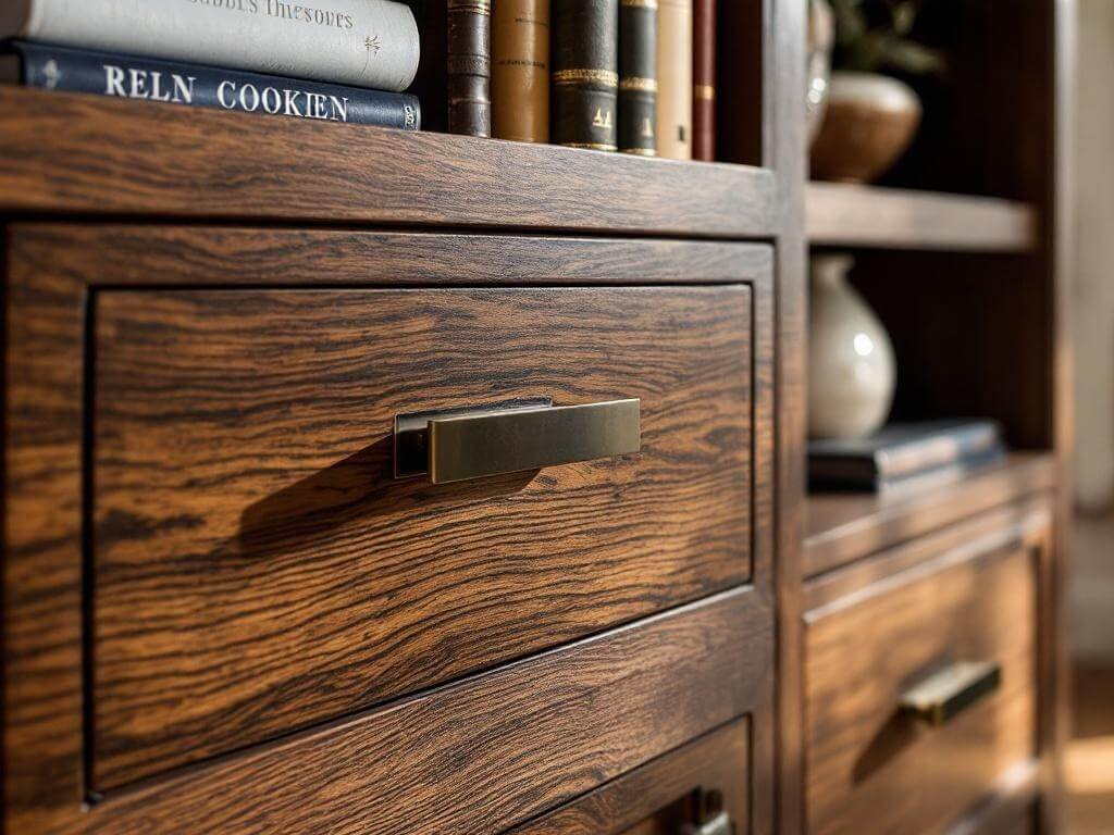 Custom walnut hutch Murphy bed with brass hardware, vintage books and ceramics on shelves, highlighted by afternoon light and detailed textures.