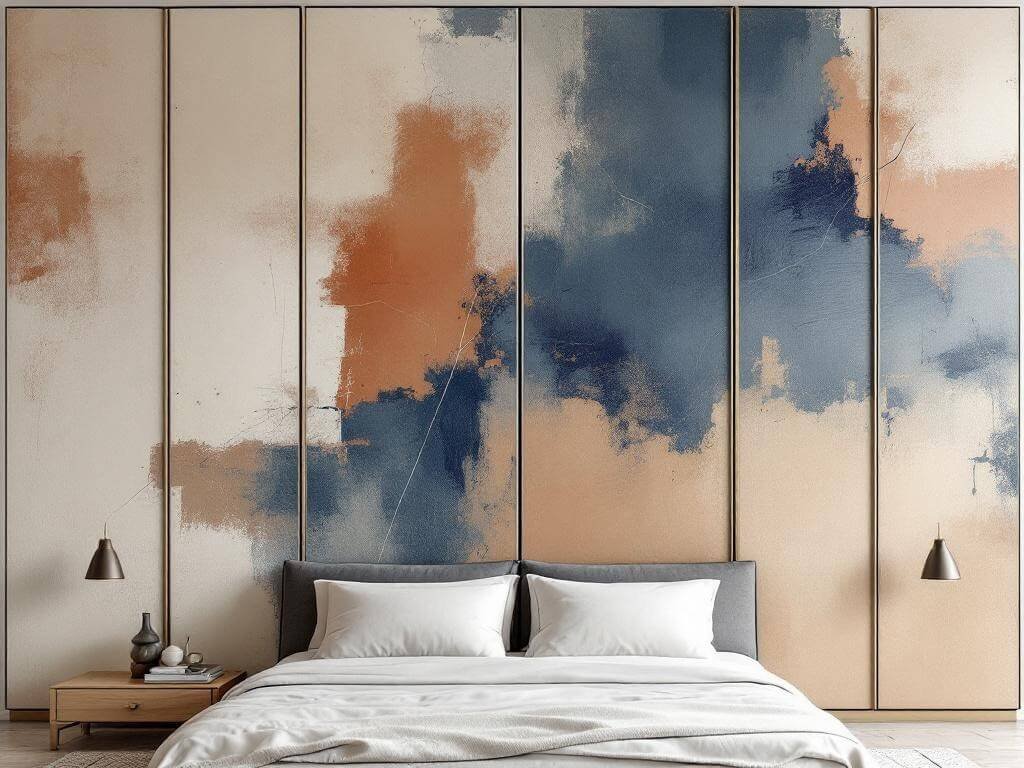 Close-up of a Murphy bed facade designed as a gallery wall with large abstract canvas panels in cream, rust, and navy tones, highlighted by professional lighting and styled with modern sculptural accents.