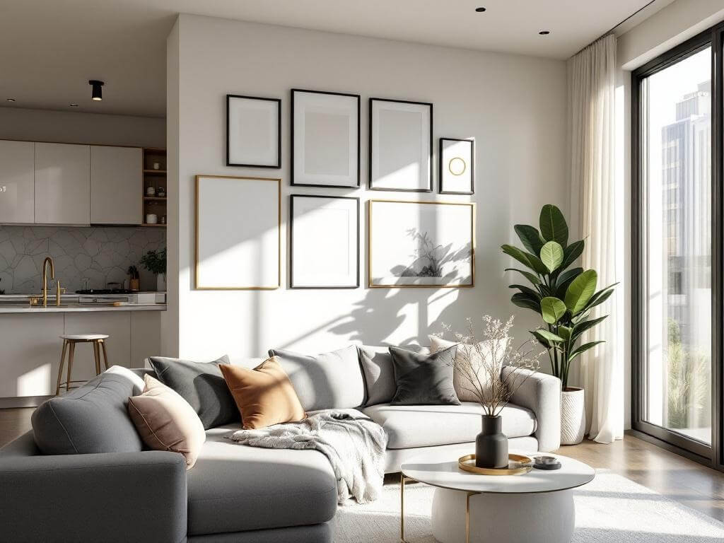 "Modern minimalist rental apartment interior featuring a plush grey sofa, brass accents, a gallery wall with black and gold frames, and a marble-effect backsplash in the kitchen"