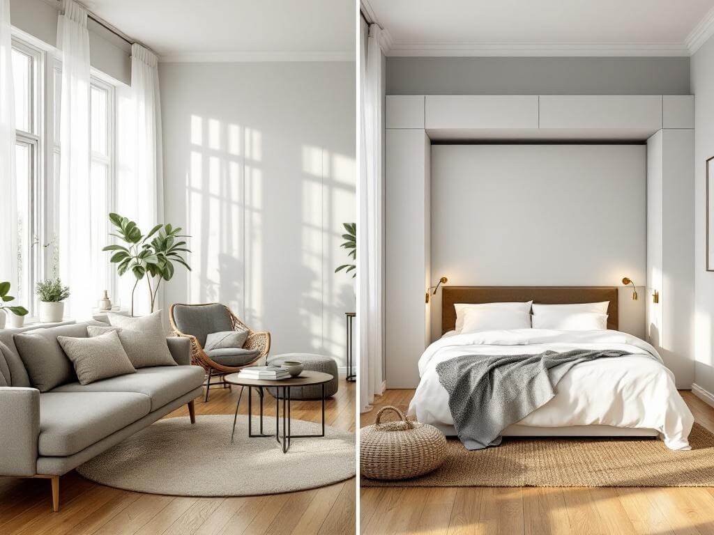 "Sunlit, modern studio apartment showcasing transformation of concealed Murphy bed setup to lowered queen bed setup, furnished in minimal Scandinavian style with natural tones."